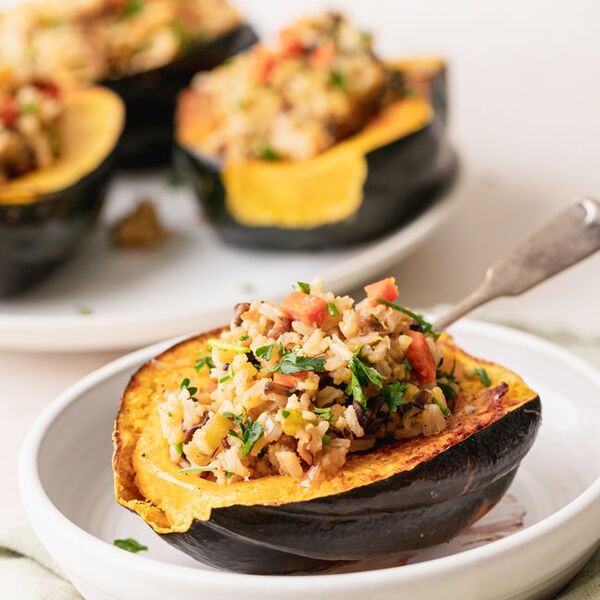 Vegan Stuffed Squash with Brown Rice and Mushrooms
