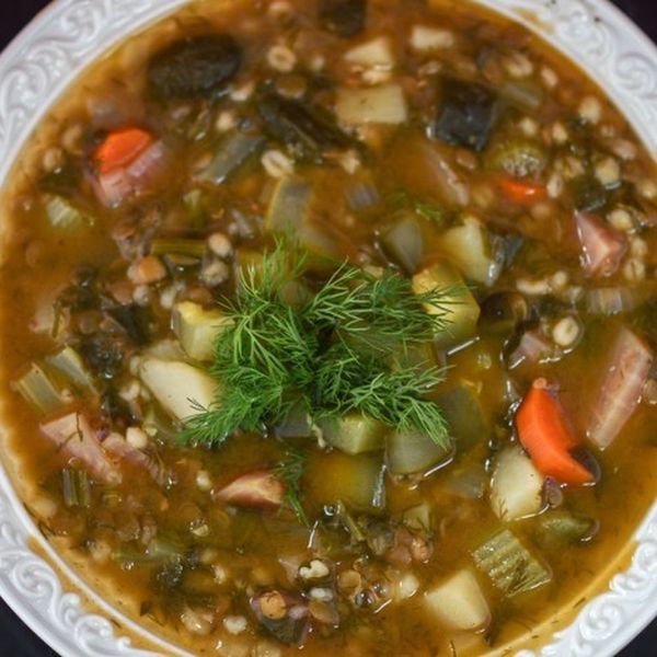 Vegan Rassolnik (Lentil and Barley Soup with Pickles)