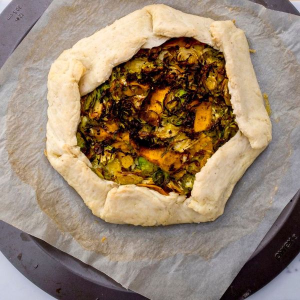Gluten-free vegan savoury brussels sprout and pumpkin galette
