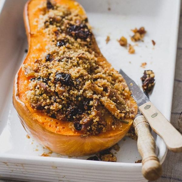 Vegan Stuffed Butternut Squash with Mushrooms and Couscous