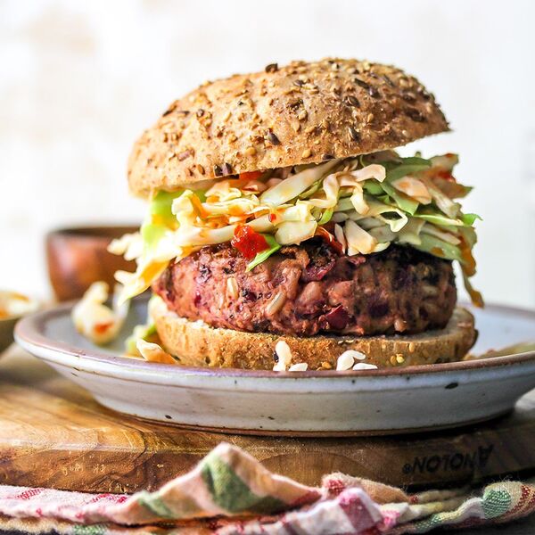 Vegan Beet Burgers with Sweet Chili Slaw