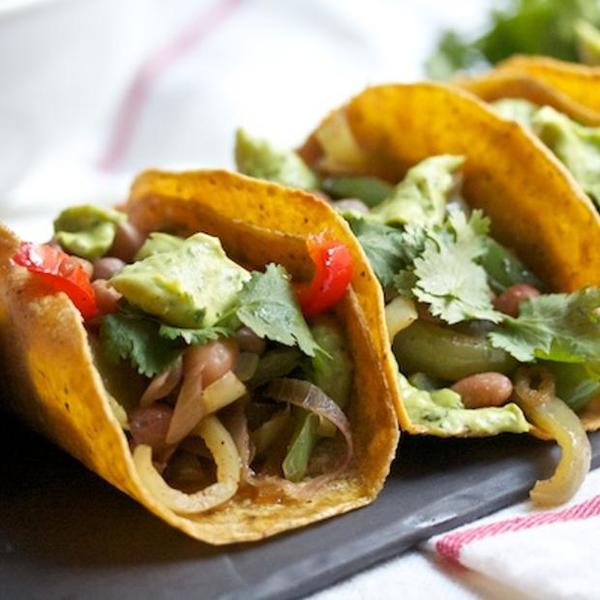 Vegan Seared Pepper Tacos With Pintos And Avocado Crema
