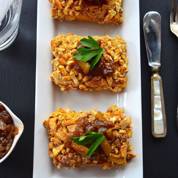 Cashew and Pretzel Crusted Tofu with sweet onion relish- Vegan Thanksgiving