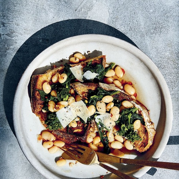 Garlicky Great Northern Beans and Broccoli Rabe over Toast