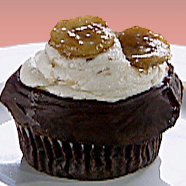 Gilbert Ganache-fried Cupcakes: Chocolate Seltzer Cupcakes with Ganache, Banana Frosting, and Caramelized Banana