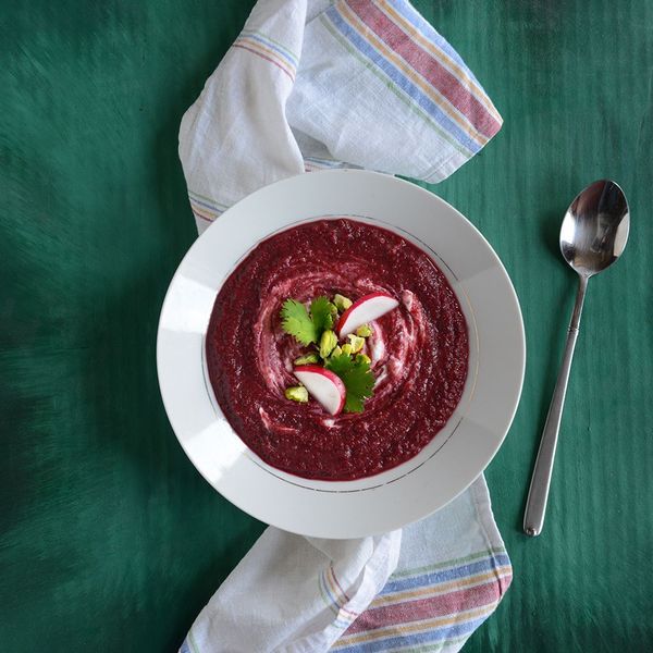 Creamy Coconut & Roasted Beet Soup with Pistachios & Greek Yogurt