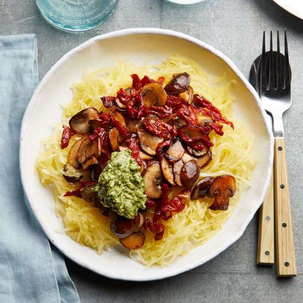 Vegan Pesto Spaghetti Squash with Mushrooms & Sun-Dried Tomatoes