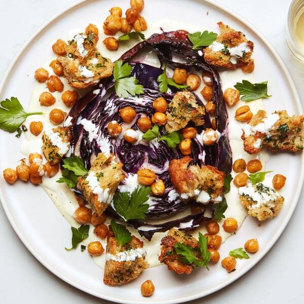 Roasted Cabbage Steaks With Crispy Chickpeas and Herby Croutons