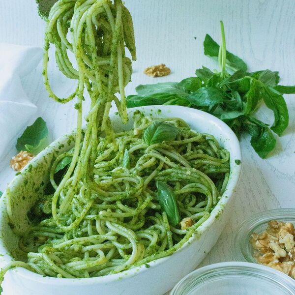 Rice Spaghetti with Green Vegan Basil Pesto