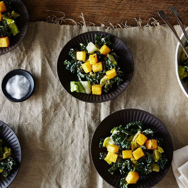 Vegan Caesar Salad with Polenta Croutons