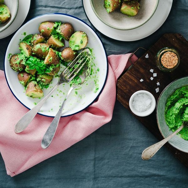 spring potato salad with pea + mint pistou