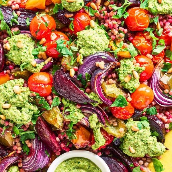 Giant couscous salad with charred veg & tangy pesto