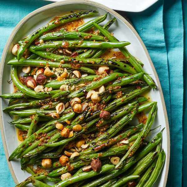 Charred Green Beans with Mustard Vinaigrette & Hazelnuts