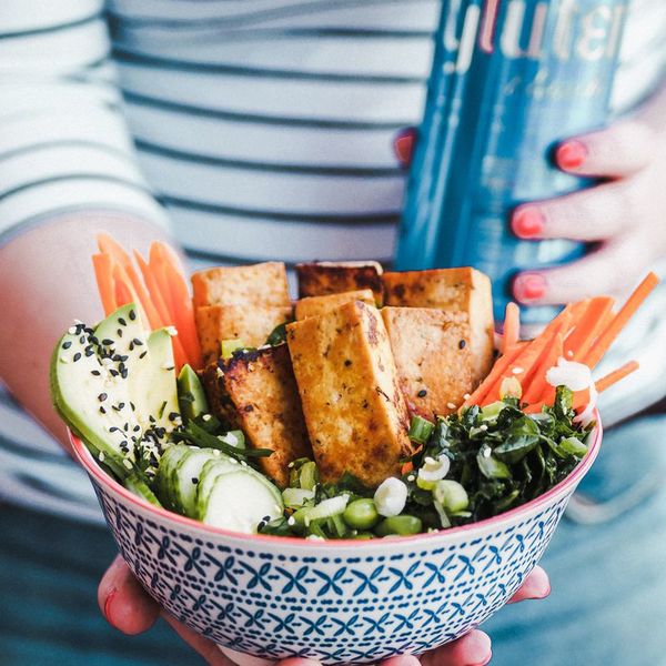 Buddha bowl with grilled tofu and gluten-free white beer