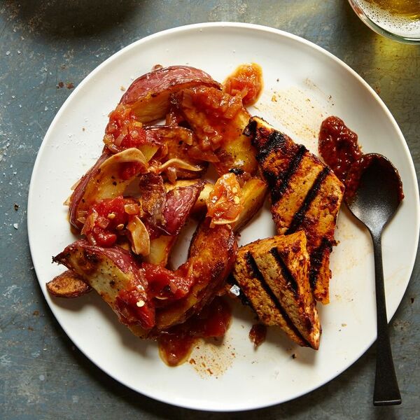 Chile-Rubbed Tofu with Fried Potatoes and Tomato Sauce