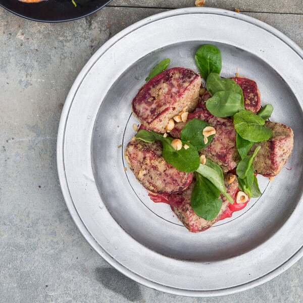 Fried Beets with Raspberry Sauce and Hazelnuts