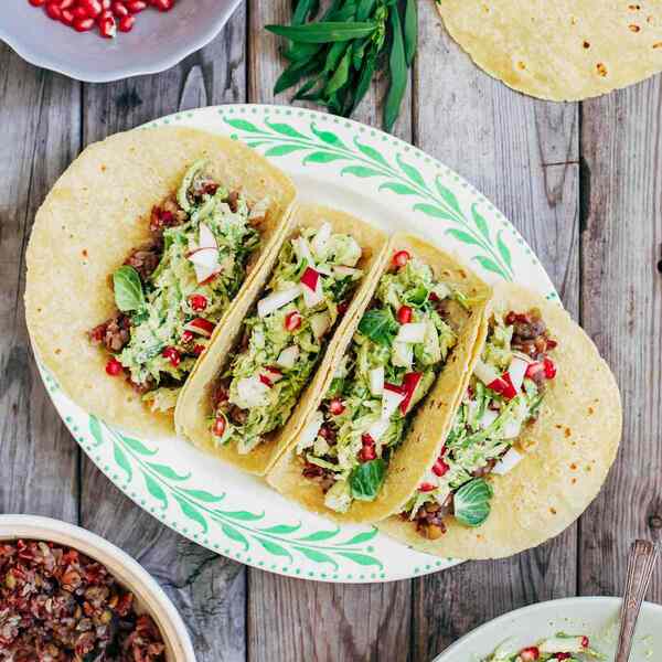 Tacos with Aromatic Red Rice, Brussels Sprout Slaw and Creamy Tarragon-Orange Dressing
