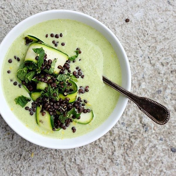 Zucchini, Almond, and Mint Soup with Lemony Lentils