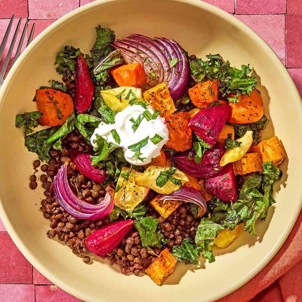Roasted Root Veggies & Greens over Spiced Lentils