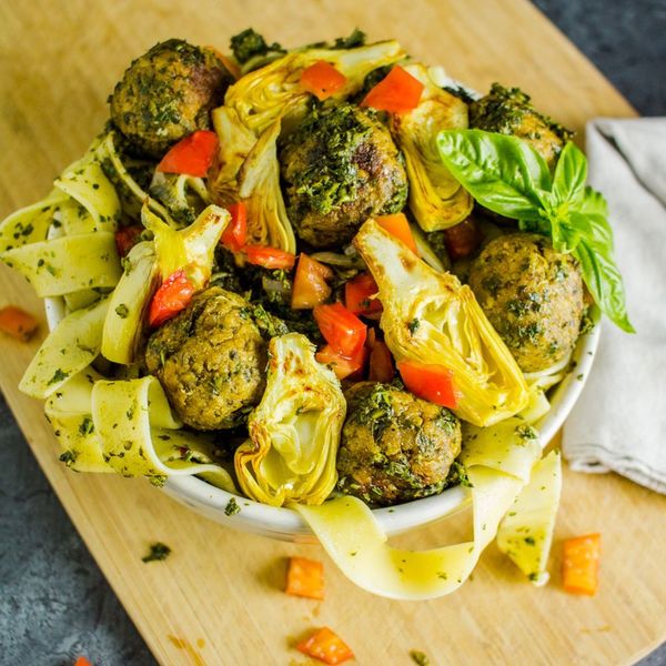 Pappardelle with Artichoke Chickpea Meatballs
