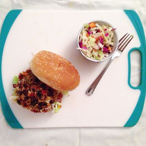 BBQ Veggie Burger with Crispy Quinoa Onion Rings
