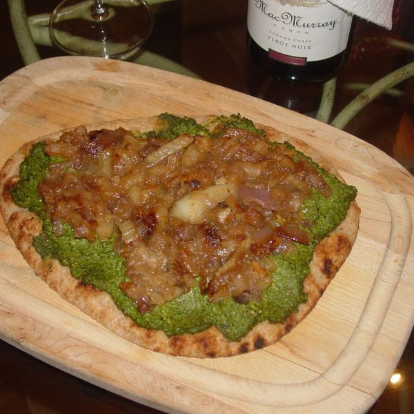Pizza with Pea-Spinach Pesto and Caramelized Onions and Fennel