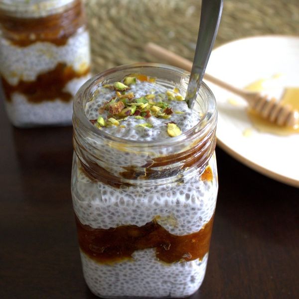 Coconut chia seed pudding with apricot compote