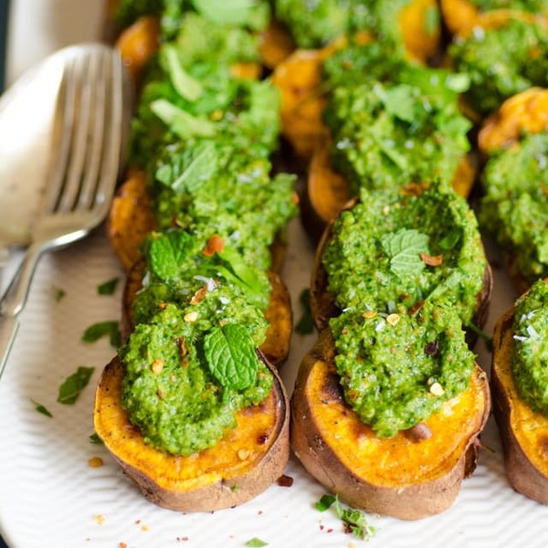 Recipe: Roasted Sweet Potato Slices with Cilantro Pesto