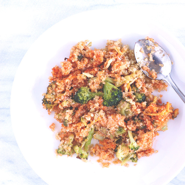 Spicy Quinoa and Broccoli Vegan Cheddar Bake