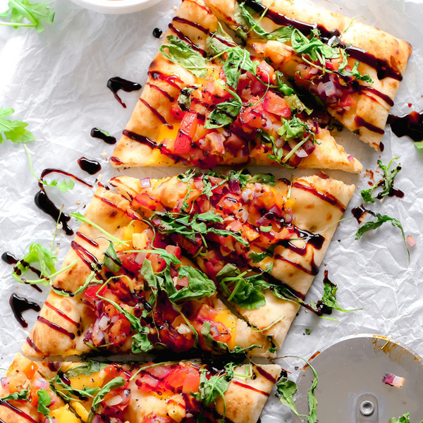 Vegan Bruschetta and Arugula Flatbread Pizza with a Balsamic Glaze