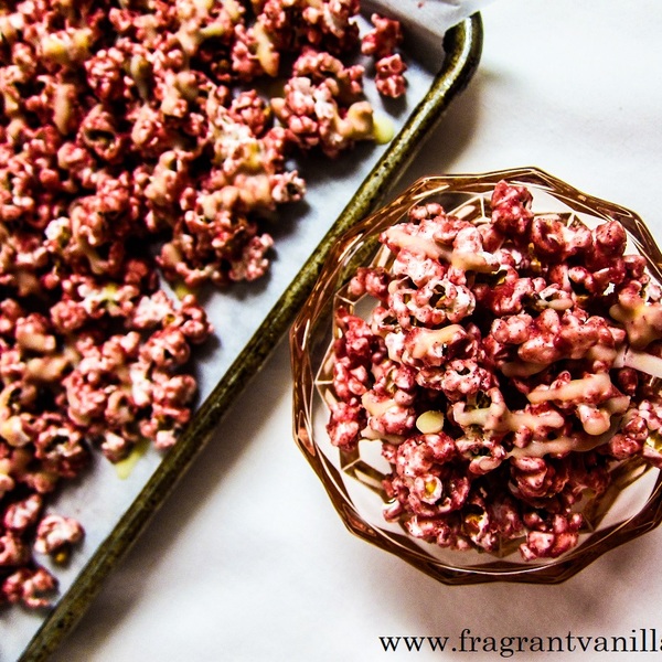 Vegan Red Velvet Popcorn with White Chocolate Drizzle