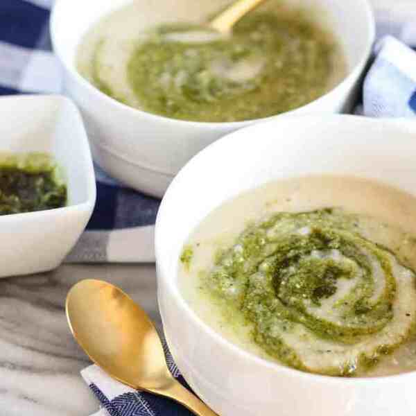 Creamy Vegan Potato Soup with Pesto Swirl