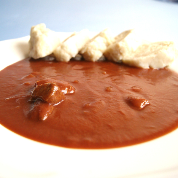 CZECH TOMATO SAUCE WITH BEEF AND VEGAN DUMPLINGS