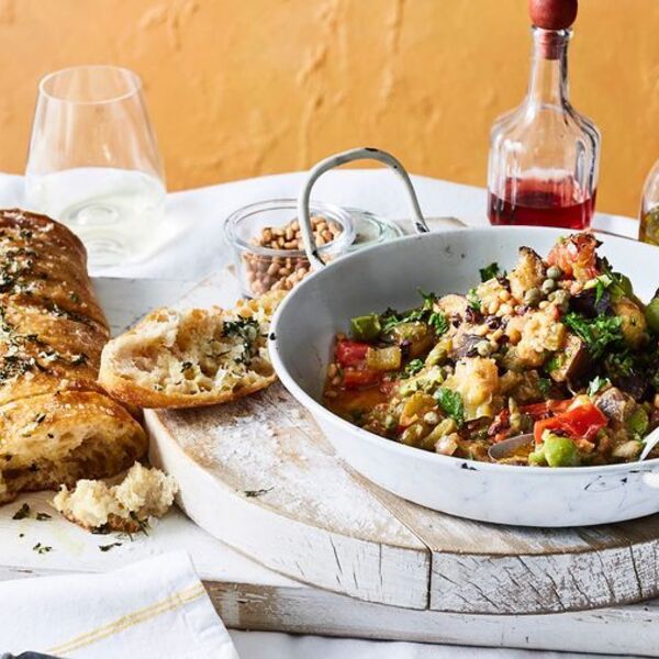Vegan caponata with grilled garlic ciabatta