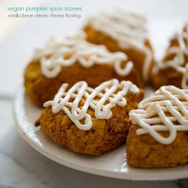 Vegan Pumpkin Spice Scones. Creamy Vanilla Bean Frosted.