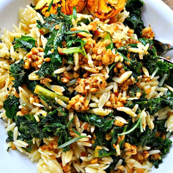 Vegan Lemony Sausage and Kale Orzo