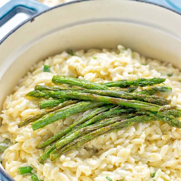 Creamy Asparagus Orzo with Garlic Parmesan